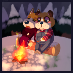Size: 1000x1000 | Tagged: dead source, safe, artist:soyothenerd, booker (animal crossing), copper (animal crossing), akita, bulldog, canine, dog, mammal, anthro, animal crossing, nintendo, campfire, conifer tree, duo, duo male, eyes closed, fire, food, log, male, males only, marshmallow, open mouth, plant, sitting, snow, tree