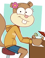 Size: 1048x1356 | Tagged: safe, artist:vsdrawfag, sandy cheeks (spongebob), mammal, rodent, squirrel, anthro, nickelodeon, spongebob squarepants (series), clothes, container, cup, female, flower, looking at you, plant, smiling, smiling at you, solo, solo female, sweater, topwear