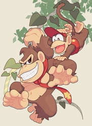 Size: 530x729 | Tagged: safe, artist:hosinoirie777, diddy kong (donkey kong), donkey kong (donkey kong), ape, gorilla, mammal, monkey, primate, semi-anthro, donkey kong (series), nintendo, 2022, belly button, duo, duo male, looking at each other, male, males only, plant, spider monkey, tree