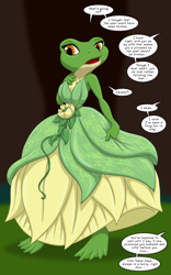 Size: 1250x2000 | Tagged: safe, artist:runningtoaster, princess tiana (the princess and the frog), amphibian, frog, anthro, plantigrade anthro, disney, the princess and the frog, 2022, 2d, anthrofied, clothes, dialogue, dress, female, feral to anthro, green body, open mouth, orange eyes, solo, solo female, talking, transformation