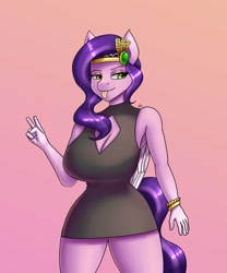 Size: 1500x1800 | Tagged: suggestive, artist:zach_ce, artist:zachc, pipp petals (mlp), equine, fictional species, mammal, pegasus, pony, anthro, hasbro, my little pony, my little pony g5, spoiler:my little pony g5, big breasts, breasts, busty pipp petals, cleavage, clothes, dress, female, gesture, huge breasts, jewelry, peace sign, solo, solo female, tongue, tongue out