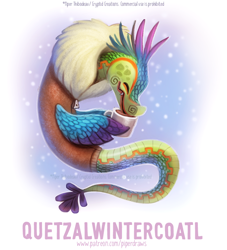 Size: 670x738 | Tagged: safe, artist:cryptid-creations, quetzalcoatl, couatl, feathered serpent, fictional species, reptile, snake, feral, ambiguous gender, container, cup, drink, drinking, eyes closed, pun, smiling, snow, snowfall, solo, solo ambiguous, tea, visual pun, winter outfit