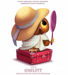 Size: 650x713 | Tagged: safe, artist:cryptid-creations, bird, bird of prey, owl, feral, 2d, ambiguous gender, clothes, hat, headwear, mirror, pun, scarf, simple background, solo, solo ambiguous, suitcase, visual pun, white background