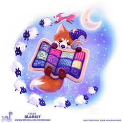Size: 850x854 | Tagged: safe, artist:cryptid-creations, bovid, canine, caprine, fox, mammal, red fox, sheep, feral, 2d, ambiguous gender, crescent moon, eyes closed, moon, night, night sky, nightcap, paw pads, paws, plushie, pun, quilt, sky, sleeping, solo, solo ambiguous, starry night, ungulate, visual pun