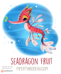 Size: 645x770 | Tagged: safe, artist:cryptid-creations, fictional species, fish, food creature, hybrid, seahorse, feral, 2d, ambiguous gender, ambiguous only, dragon fruit, duo, duo ambiguous, food, leafy seadragon, looking at each other, patreon, pun, simple background, visual pun, white background