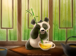 Size: 1000x739 | Tagged: safe, alternate version, artist:cryptid-creations, bear, mammal, panda, semi-anthro, 2d, ambiguous gender, bamboo, drink, solo, solo ambiguous, tea, teacup