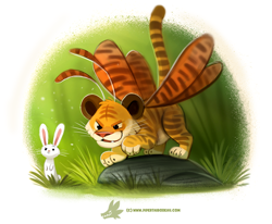 Size: 868x715 | Tagged: safe, artist:cryptid-creations, arthropod, big cat, feline, hybrid, insect, lagomorph, mammal, moth, rabbit, tiger, feral, 2d, ambiguous gender, ambiguous only, duo, duo ambiguous, pun, simple background, visual pun, white background