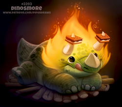 Size: 848x749 | Tagged: safe, artist:cryptid-creations, ceratops, dinosaur, triceratops, feral, 2d, ambiguous gender, campfire, dessert, fire, food, licking, licking lips, pun, s'more, solo, solo ambiguous, tongue, tongue out, visual pun