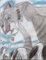 Size: 981x1280 | Tagged: safe, artist:hippobrains, shira (ice age), feline, mammal, saber-toothed cat, feral, blue sky studios, ice age (series), balloon, building, claws, female, giantess, macro, paws, solo, solo female, traditional art
