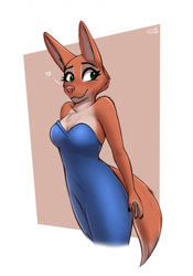 Size: 894x1280 | Tagged: safe, artist:stargazer, diane foxington (the bad guys), canine, fox, mammal, anthro, dreamworks animation, the bad guys, 2022, breasts, chest fluff, clothes, digital art, dress, ears, eyelashes, female, fluff, fur, piercing, pink nose, simple background, solo, solo female, tail, thighs, vixen, wide hips