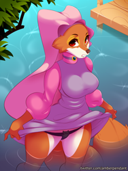 Size: 1500x2000 | Tagged: suggestive, artist:amberpendant, maid marian (robin hood), canine, fox, mammal, anthro, disney, robin hood (disney), 2019, black nose, breasts, cheek fluff, clothes, detailed background, digital art, dress, dress lift, ears, eyelashes, female, fluff, fur, headdress, jetty, jewelry, lake, looking at you, panties, plant, pose, solo, solo female, tail, thighs, tree, underwear, vixen, water, wide hips
