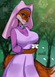 Size: 1595x2200 | Tagged: safe, artist:zhadart, maid marian (robin hood), canine, fox, mammal, red fox, anthro, disney, robin hood (disney), 2022, bedroom eyes, black nose, breasts, clothes, cottagecore, detailed background, digital art, dress, ears, eyelashes, female, flower, fur, headdress, looking at you, plant, pose, solo, solo female, tail, thighs, tree, vixen, wide hips