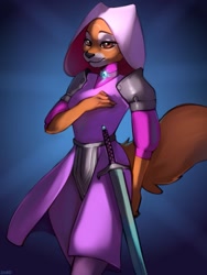 Size: 961x1280 | Tagged: safe, artist:zhadart, maid marian (robin hood), canine, fox, mammal, anthro, disney, robin hood (disney), 2020, armor, bedroom eyes, black nose, breasts, digital art, ears, eyelashes, female, fur, hand on breast, looking at you, pose, solo, solo female, sword, tail, thighs, vixen, weapon, wide hips