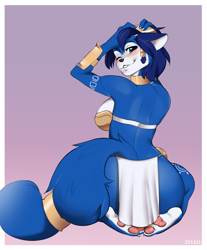 Size: 2074x2500 | Tagged: safe, artist:zhadart, krystal (star fox), canine, fox, mammal, anthro, digitigrade anthro, nintendo, star fox, 2021, armpits, bikini, bikini top, black nose, blushing, breasts, clothes, digital art, ears, eyelashes, female, fur, jewelry, kneeling, loincloth, looking at you, one eye closed, paw pads, paws, pose, rear view, sideboob, simple background, solo, solo female, swimsuit, tail, thighs, tribal markings, vixen, wide hips