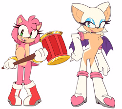 Size: 3336x3000 | Tagged: safe, artist:whygena, amy rose (sonic), rouge the bat (sonic), bat, hedgehog, mammal, anthro, plantigrade anthro, sega, sonic the hedgehog (series), boots, clothes, duo, duo female, female, females only, lidded eyes, looking at you, mallet, missing accessory, shoes, smiling, spread wings, wings