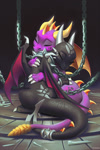 Size: 633x950 | Tagged: safe, alternate version, artist:miles-df, cynder the dragon (spyro), dragon, fictional species, feral, spyro the dragon (series), the legend of spyro, 2020, chained, cuddling, detailed background, dragon wings, dragoness, duo, eyes closed, female, horns, hug, male, male/female, scales, spread wings, tail, wings