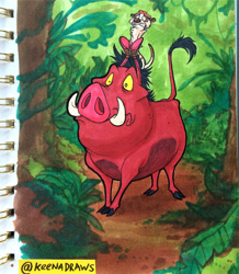 Size: 1398x1606 | Tagged: safe, artist:keenadraws, pumbaa (the lion king), timon (the lion king), mammal, meerkat, mongoose, suid, warthog, feral, disney, the lion king, 2d, duo, duo male, male, males only, traditional art