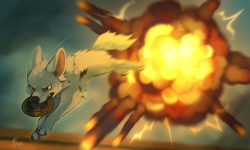 Size: 2721x1633 | Tagged: safe, artist:reysi, bolt (bolt), canine, dog, german shepherd, mammal, feral, bolt (disney), disney, 2021, bedroom eyes, body markings, detailed background, explosion, featured image, fluff, frisbee, holding, jumping, male, mouth hold, solo, solo male