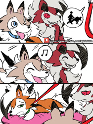 Size: 600x800 | Tagged: safe, artist:winick-lim, dusk lycanroc, fictional species, lycanroc, mammal, midday lycanroc, midnight lycanroc, feral, semi-anthro, nintendo, pokémon, 2018, 3 panel comic, ambiguous gender, ambiguous only, bedroom eyes, behaving like a dog, black nose, collar, colored sclera, comic, digital art, ears, eyes closed, fluff, fur, group, hair, heart, lazy, leash, neck fluff, open mouth, pillow, pink sclera, pokémon trainer, sharp teeth, smiling, speech bubble, spikes, tail, teeth, tongue, tongue out, trio, trio ambiguous, unamused