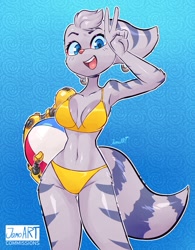 Size: 1821x2334 | Tagged: safe, artist:jamoart, rivet (r&c), fictional species, lombax, mammal, anthro, ratchet & clank, 2022, ball, beach ball, belly button, bikini, blue eyes, breasts, clothes, ear piercing, earring, eyebrows, eyelashes, female, gesture, glistening, glistening body, looking at you, piercing, prosthetic arm, prosthetics, ringtail, solo, solo female, stripes, swimsuit, tail, v sign, yellow bikini, yellow swimsuit