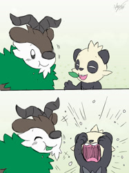 Size: 800x1067 | Tagged: safe, artist:winick-lim, fictional species, pancham, feral, semi-anthro, nintendo, pokémon, 2 panel comic, 2017, ambiguous gender, ambiguous only, antlers, black nose, commission, crying, digital art, duo, duo ambiguous, ears, eating, eyes closed, fluff, fur, leaf, neck fluff, open mouth, skiddo, tail