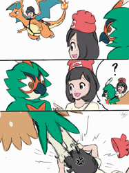 Size: 800x1067 | Tagged: safe, artist:winick-lim, bird, charizard, decidueye, fictional species, human, mammal, semi-anthro, nintendo, pokémon, 2017, ambiguous gender, beak, beanie, behaving like a bird, clothes, cross-popping veins, digital art, female, fire, flying, hair, looking at each other, male, oof, open mouth, pokémon trainer, scales, simple background, speech bubble, spread wings, starter pokémon, tail, this will not end well, wings