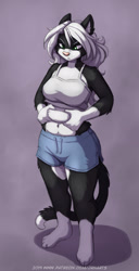 Size: 1142x2233 | Tagged: safe, artist:jay naylor, oc, oc:lucy black (jay naylor), cat, feline, mammal, anthro, angry, barefoot, big breasts, bottomwear, breasts, clothes, feet, female, shirt, shorts, slightly chubby, solo, solo female, thick thighs, thighs, toes, topwear, wide hips