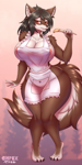Size: 1000x2000 | Tagged: suggestive, artist:complextree, oc, oc only, canine, mammal, anthro, 2022, apron, areola, black hair, breasts, clothes, commission, ear fluff, female, fluff, hair, huge breasts, naked apron, nipple outline, nudity, partial nudity, solo, solo female, tail, tail fluff, thick thighs, thighs
