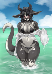 Size: 2803x3934 | Tagged: safe, artist:sleepiness18, oc, oc only, oc:chabett (pgm300), dragon, fictional species, anthro, 2022, belly button, bikini, black bikini, black body, black hair, breasts, clothes, collar, dragoness, female, glistening, glistening body, hair, holding, horns, looking at you, mouth hold, outdoors, partially submerged, red eyes, seaside, solo, solo female, swimsuit, thigh gap, water, wet, wet clothes, white body