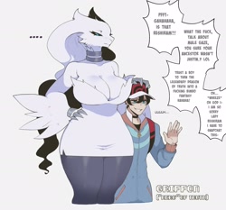 Size: 2048x1912 | Tagged: suggestive, artist:thiccwithaq, oc, oc:griffon (thiccwithaq), dragon, fictional species, human, legendary pokémon, mammal, reshiram, anthro, nintendo, pokémon, big breasts, breasts, choker, claws, cleavage, clothes, collar, dragoness, dress, duo, female, female focus, hair, hand on head, hat, headwear, implied sex, implied straight, jacket, legwear, male, offscreen character, size difference, solo focus, sweat, tail, text, topwear, zipper