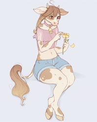 Size: 2512x3177 | Tagged: safe, artist:yshanii, bovid, cattle, cow, mammal, anthro, clothes, cloven hooves, female, flower, hooves, horns, jean shorts, plant, solo, solo female, tail, thick thighs, thighs, topwear, wide hips