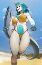 Size: 1328x2048 | Tagged: suggestive, artist:artistjanjin192, artist:janjin192, artist:kambo, oc, oc only, alligator, crocodilian, reptile, anthro, 2022, beach, big breasts, bikini, breasts, cameltoe, clothes, commission, detailed background, female, scales, solo, solo female, surfboard, swimsuit, tail, thick thighs, thighs