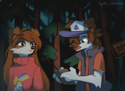 Size: 2000x1455 | Tagged: safe, artist:hyilpi, dipper pines (gravity falls), mabel pines (gravity falls), canine, collie, dog, mammal, rough collie, anthro, disney, gravity falls, 2022, brother, brother and sister, dogified, duo, duo male and female, female, male, siblings, sister, species swap, twins, walkie talkie