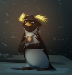 Size: 1234x1280 | Tagged: safe, artist:hyilpi, cody maverick (surf's up), bird, penguin, semi-anthro, surf's up, male, rockhopper penguin, snow, snowfall, solo, solo male