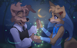 Size: 1280x796 | Tagged: safe, artist:hyilpi, angel (lady and the tramp), scamp (lady and the tramp), canine, dog, mammal, anthro, disney, lady and the tramp, anthrofied, crescent moon, duo, female, male, male/female, moon, schnauzer