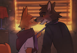 Size: 1280x881 | Tagged: safe, artist:hyilpi, diane foxington (the bad guys), mr. wolf (the bad guys), canine, fox, mammal, red fox, wolf, anthro, dreamworks animation, the bad guys, 2022, blushing, duo, female, male, male/female, vixen