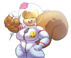 Size: 1234x1000 | Tagged: safe, artist:razzberryboat, sandy cheeks (spongebob), mammal, rodent, squirrel, anthro, nickelodeon, spongebob squarepants (series), breasts, eyes closed, female, flower, muscles, muscular female, open mouth, plant, simple background, solo, solo female, white background