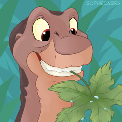 Size: 700x699 | Tagged: safe, artist:spain fischer, littlefoot (the land before time), apatosaurus, dinosaur, sauropod, feral, sullivan bluth studios, the land before time, 2d, front view, leaf, male, solo, solo male, three-quarter view