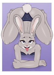 Size: 1600x2250 | Tagged: suggestive, artist:dirtyduckart, judy hopps (zootopia), lagomorph, mammal, rabbit, anthro, plantigrade anthro, disney, zootopia, 2022, all fours, bedroom eyes, bra, breasts, buckteeth, butt, clothes, digital art, ears, eyelashes, female, fur, open mouth, panties, pink nose, pose, rear view, simple background, solo, solo female, tail, teeth, thighs, tongue, tongue out, underwear, wedgie, wide hips