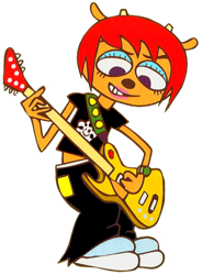 Size: 710x965 | Tagged: safe, lammy (parappa the rapper), bovid, caprine, mammal, sheep, parappa the rapper, um jammer lammy, alternate coloration, black shirt, bottomwear, clothes, crop top, cropped shirt, eyeshadow, flower, green wristwatch, guitar, lipstick, makeup, midriff, musical instrument, pants, plant, shirt, shoes, simple background, smiling, topwear, transparent background, wristwatch