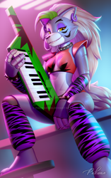 Size: 1280x2034 | Tagged: safe, artist:pakwan008, roxanne wolf (fnaf), animatronic, canine, fictional species, mammal, robot, wolf, anthro, digitigrade anthro, five nights at freddy's, five nights at freddy's: security breach, 2022, bedroom eyes, belly button, black nose, bottomwear, breasts, clothes, collar, detailed background, deviantart watermark, digital art, ear piercing, earring, ears, eyelashes, female, fur, green hair, hair, keytar, looking at you, pants, piercing, pose, sharp teeth, shirt, shorts, shoulder pads, sitting, smiling, smiling at you, solo, solo female, spiked collar, spiked wristband, tail, tank top, teeth, thighs, topwear, watermark, wide hips, wristband