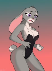 Size: 1480x2000 | Tagged: suggestive, artist:zhadart, judy hopps (zootopia), lagomorph, mammal, rabbit, anthro, disney, zootopia, 2020, bedroom eyes, breasts, buckteeth, bunny suit, clothes, digital art, ears, eyelashes, female, floppy ears, fur, looking down, open mouth, pink nose, pose, simple background, solo, solo female, tail, teeth, thighs, tongue, wardrobe malfunction, wide hips