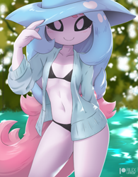 Size: 961x1230 | Tagged: safe, artist:rilexlenov, fictional species, hatterene, anthro, nintendo, pokémon, 2022, belly button, bikini, breasts, clothes, detailed background, digital art, eyelashes, female, hair, hat, headwear, lake, looking at you, pose, shirt, small breasts, smiling, smiling at you, solo, solo female, swimsuit, thighs, topwear, water, wide hips