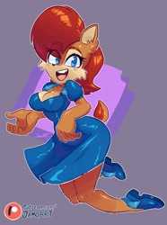 Size: 2580x3464 | Tagged: safe, artist:jamoart, princess sally acorn (sonic), chipmunk, mammal, rodent, anthro, archie sonic the hedgehog, sega, sonic the hedgehog (series), 2022, blue eyes, breasts, chest fluff, clothes, dress, eyebrow through hair, eyebrows, eyelashes, female, fluff, footwear, glistening, hair, looking at you, open mouth, red hair, solo, solo female