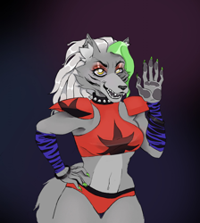 Size: 1146x1280 | Tagged: safe, artist:furrawin, roxanne wolf (fnaf), canine, mammal, wolf, anthro, five nights at freddy's, five nights at freddy's: security breach, arm band, choker, clothes, crop top, midriff, panties, sharp teeth, smiling, spiked choker, teeth, top, topwear, underwear