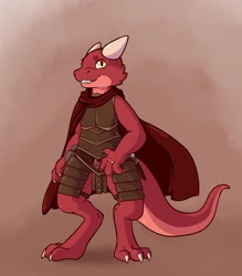 Size: 1501x1711 | Tagged: safe, artist:thiccazthieves, fictional species, kobold, reptile, anthro, armor, cloak, horns, male, solo, solo male, tail