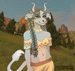 Size: 1280x1215 | Tagged: safe, artist:furrawin, bovid, cattle, cow, fictional species, mammal, minotaur, tauren, anthro, world of warcraft, braid, breasts, clothes, ear piercing, earring, female, hair, looking at you, midriff, nose piercing, nose ring, piercing, smiling, solo, solo female