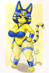 Size: 2500x3700 | Tagged: safe, artist:demonkussh, ankha (animal crossing), cat, feline, mammal, anthro, digitigrade anthro, animal crossing, nintendo, 2022, bedroom eyes, belly button, belly button piercing, bikini, black nose, blue bikini, blue swimsuit, breasts, clothes, digital art, ears, eyelashes, female, fur, hair, hand on hip, jewelry, piercing, pose, sarong, solo, solo female, swimsuit, tail, thighs, wide hips