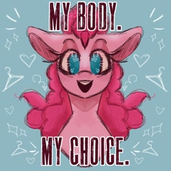Size: 2000x2000 | Tagged: safe, artist:ghoulieq, pinkie pie (mlp), earth pony, equine, fictional species, mammal, pony, friendship is magic, hasbro, my little pony, bust, clothes hanger, current events, dialogue, female, heart, heart eyes, implied abortion, mouthpiece, no pupils, open mouth, portrait, talking, wingding eyes