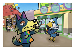 Size: 1200x813 | Tagged: safe, artist:jellysoupstudios, hamphrey (animal crossing), pierce (animal crossing), wolfgang (animal crossing), bird, bird of prey, canine, eagle, hamster, mammal, rodent, wolf, anthro, animal crossing, nintendo, 2d, bubbles, male, males only, trio, trio male